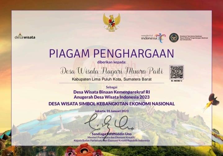 Selamat, Nagari Muaro Paiti Mendapat Penghargaan Menjadi Desa Wisata Kemenparekraf RI